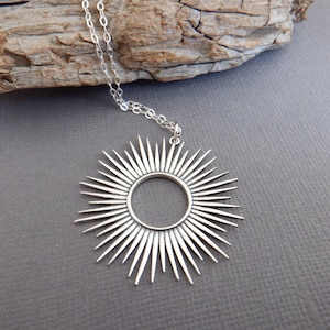 sterling silver spiky sun necklace statement sunburst celestial charm astrology small delicate pendant everyday jewelry gift day 1 1/2”