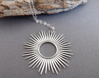 sterling silver spiky sun necklace statement sunburst celestial charm astrology small delicate pendant everyday jewelry gift day 1 1/2”