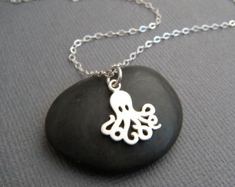 Tiny Sterling Silver Octopus Necklace, Ocean Creature Pendant 1/2"