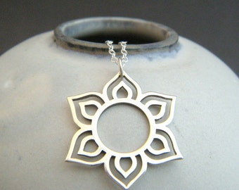 sterling silver lotus flower necklace 1 1/8” yoga sun pendant eastern flower zen yogi jewelry simple boho bohemian charm. gift for her
