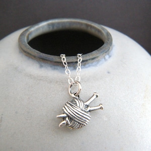 tiny sterling silver knitting needles yarn ball necklace small knit hobby pendant jewelry knitter crafter crafting artist granny chic 1/2