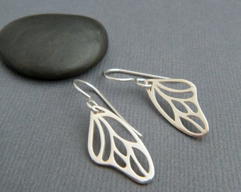 sterling silver butterfly wing earrings simple nature jewelry small leverback lever back dangle modern wing hook drop gardener gift for her.