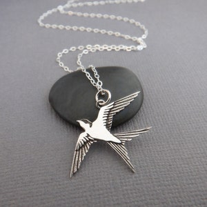 Sterling Silver Swallow Necklace: Etched Bird Animal Pendant 1 1/4 inch