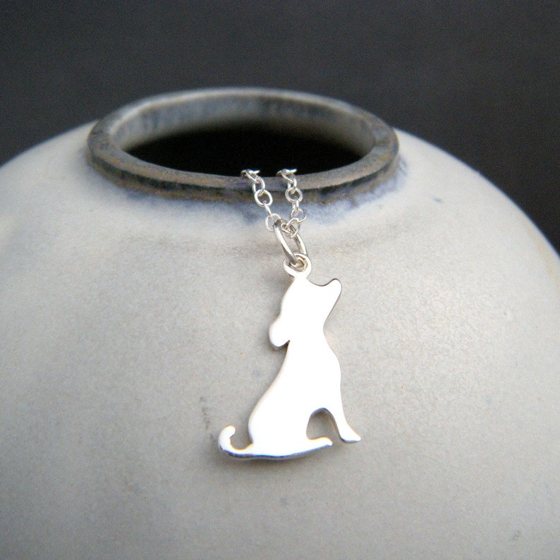 small sterling silver dog silhouette necklace. dainty pet pride pendant. simple canine charm side portrait. gift animal lover jewelry 3/4 image 2