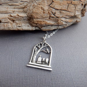 sterling silver graveyard necklace. small raven in tree. cross tombstone pendant Gothic Halloween charm grave stone mourning death symbol 1&quot;