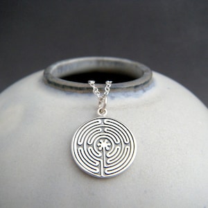 sterling silver labyrinth necklace. zen yoga yogi jewelry. labryinth. spiritual path journey pendant mysticism geometric maze charm 5/8&quot;