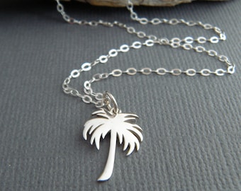 small sterling silver palm tree necklace simple beach jewelry everyday summer memory charm tropical fronds ocean pendant gift for her 5/8&quot;