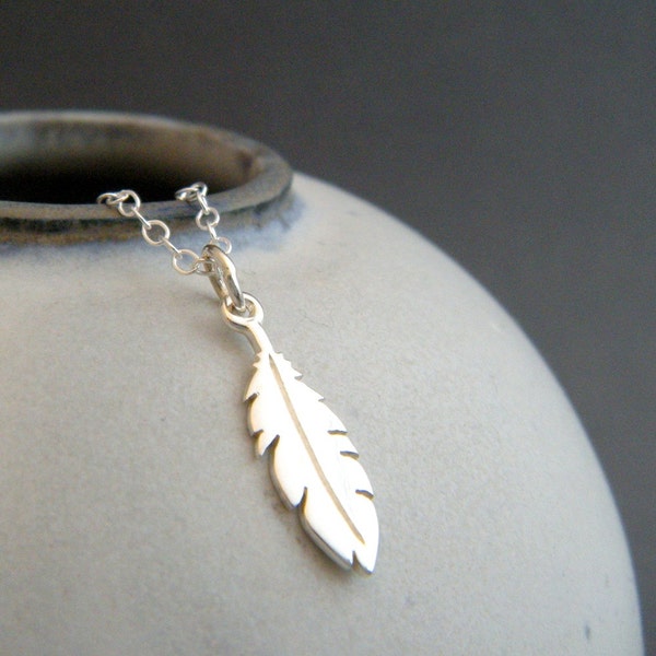 tiny silver feather necklace. small dainty modern sterling silver pendant. simple delicate charm. boho bohemian. everyday jewelry. gift