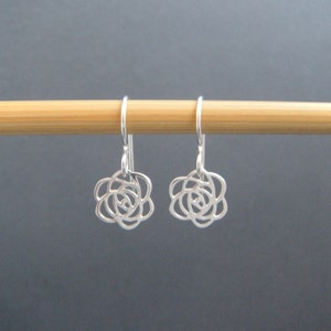 tiny sterling silver rose earrings small flower dangle rose petals floral botanical nature gardener drop simple jewelry gift leverback hook