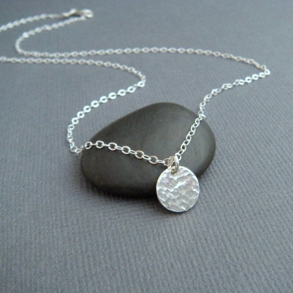 silver circle necklace - simple silver necklace. delicate. dainty. tiny. sterling. hammered disc pendant. 3/8". layering. ready to ship gift