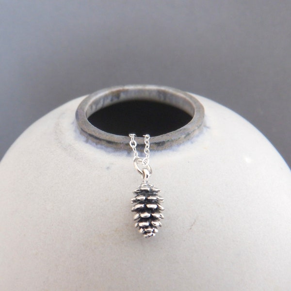 tiny sterling silver pine cone necklace small pinecone charm earth nature forest tree hiker simple natural evergreen jewelry gift 3/8"