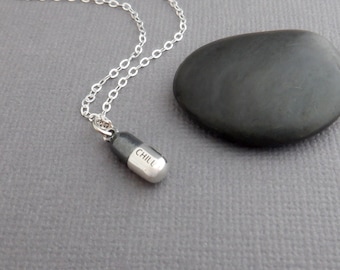 sterling silver chill pill necklace. medical medicine charm. mental health support pendant. help calm anxiety. pharmacist drug RN MD 1/2"