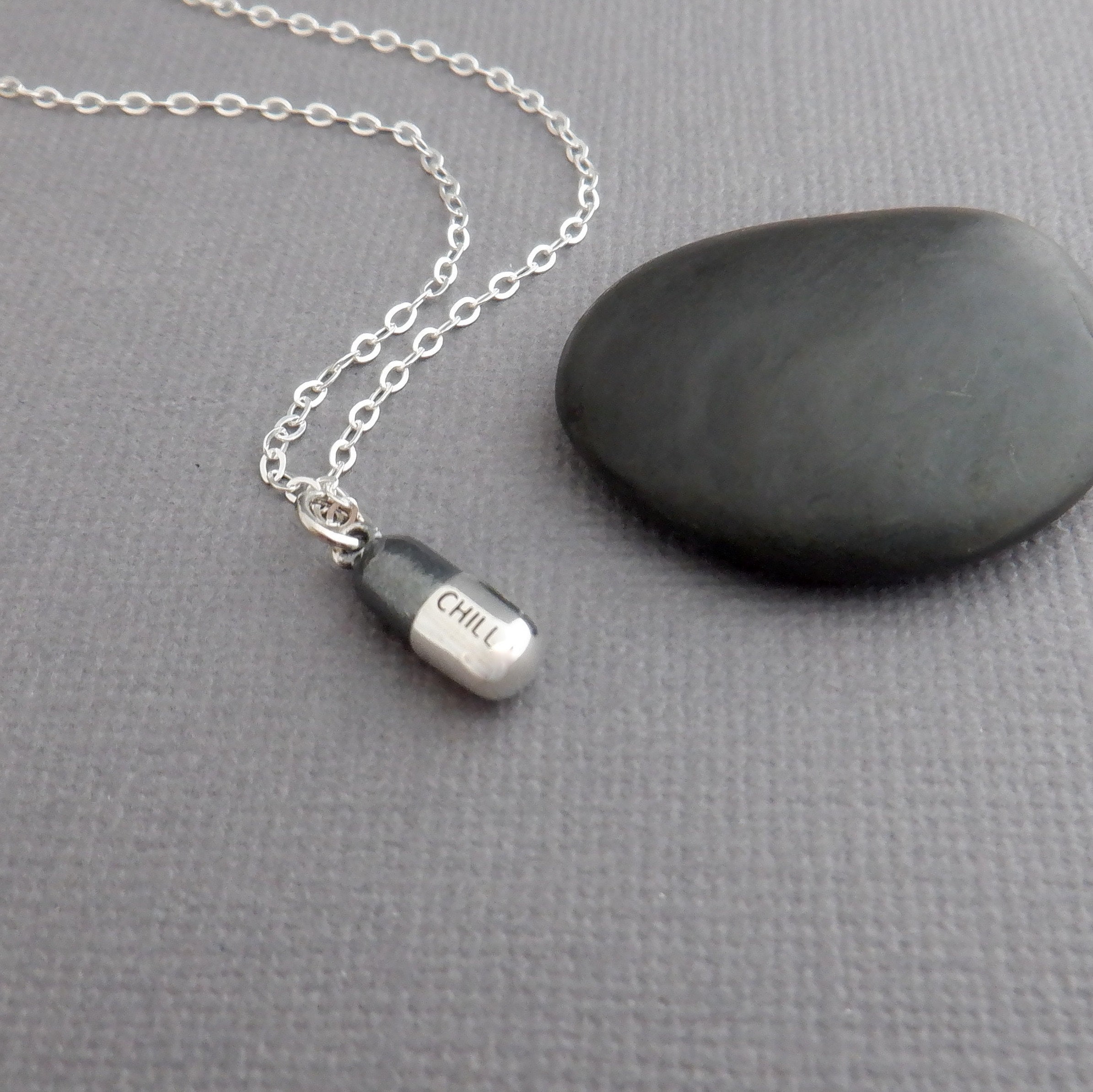 Sterling silver chill pill necklace. medical medicine charm. mental health support pendant. help calm anxiety. pharmacist drug RN MD 1 2 Etsy