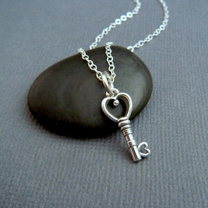sterling silver heart key necklace. romantic love jewelry. small skeleton key. victorian scroll key. petite tiny everyday pendant gift, 5/8&quot;