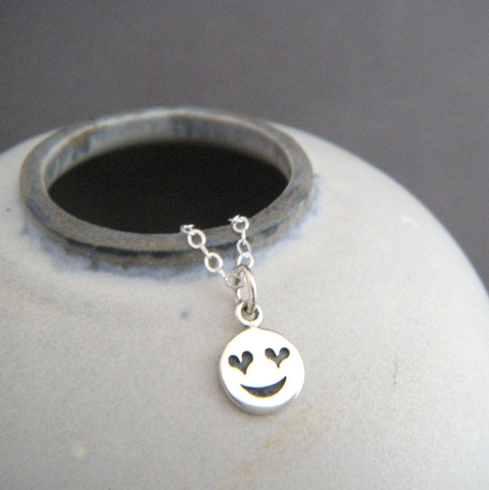 Sterling Silver Heart Eyes Emoji Necklace. Tiny Love Pendant