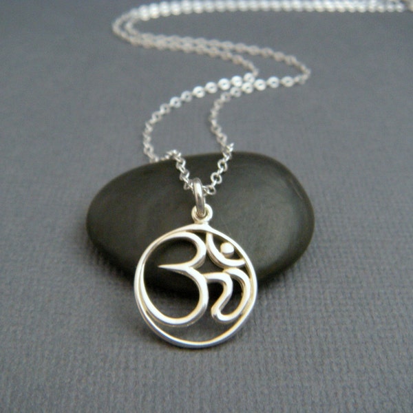 silver Om necklace. sterling silver circle pendant. zen yoga jewelry. small simple Ohm symbol. delicate. everyday. dainty jewelry. gift 1/2"