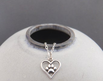 tiny sterling silver dog paw print heart necklace small one cat pet pride pendant animal love charm pawprint four legged mom jewelry 3/8"