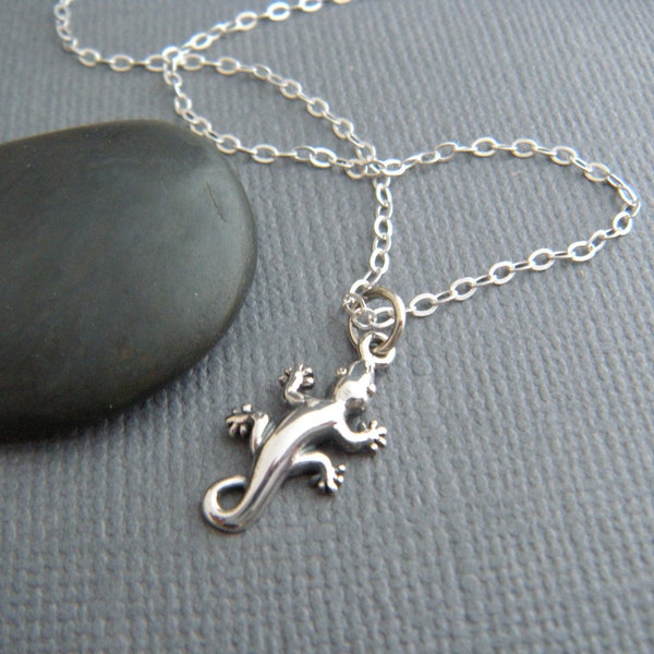 tiny sterling silver gecko necklace small lizard pet pride reptile pendant gift spirit animal lover charm simple realistic jewelry 5/8"