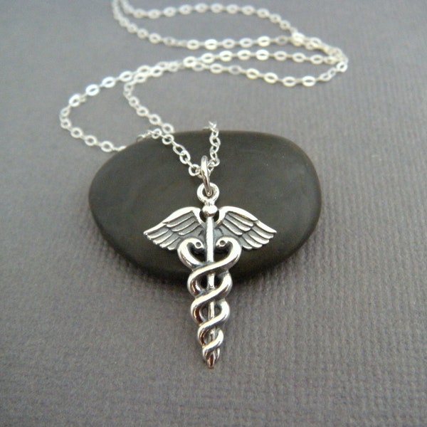 sterling silver medic staff necklace caduceus charm Olympian god pendant medical doctor nurse RN MD PA science match day graduation gift 7/8