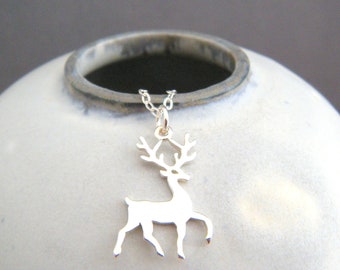 small sterling silver reindeer necklace holiday charm delicate petite festive christmas jewelry tiny dainty winter pendant gift her 3/4"