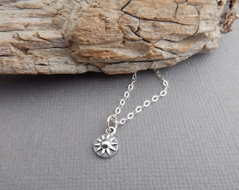 tiny sterling silver sun necklace. rustic boho pendant. simple everyday sunburst charm. good energy symbol. delicate petite dainty gift 1/4&quot;