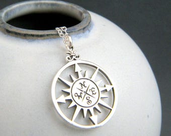 Sterling Silver Compass Necklace - Oxidized Petite Travel Pendant 3/4"