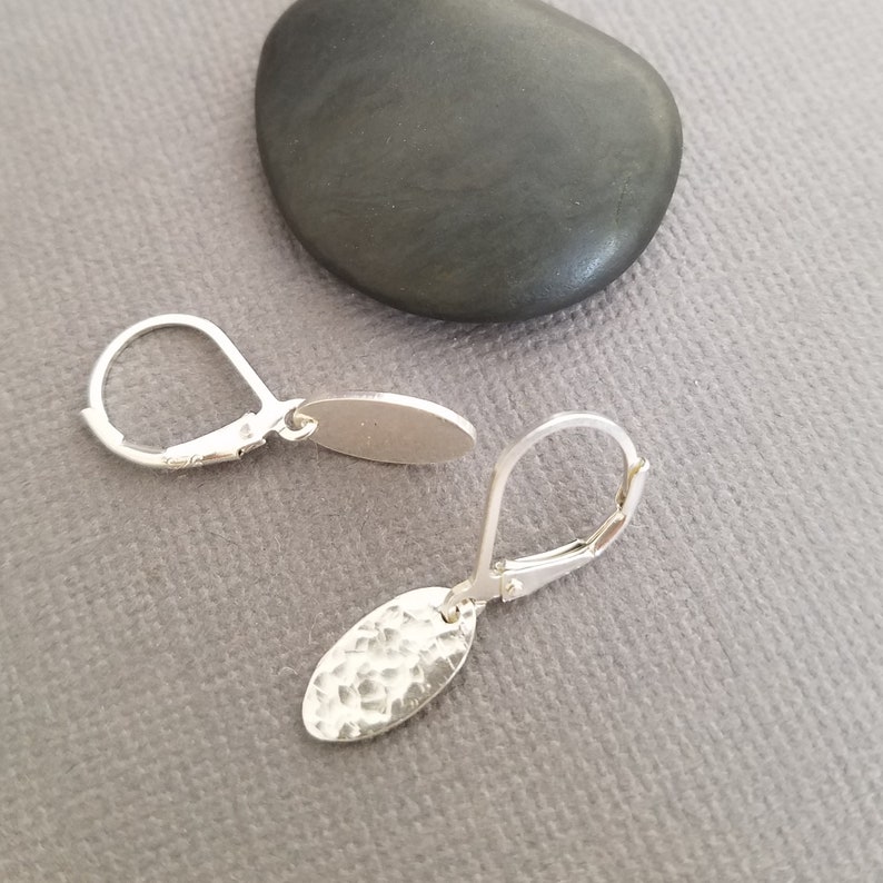 tiny silver oval dangle earrings. small hammered silver earrings. everyday leverback lever back hook drop earrings. simple jewelry 3/8 image 2