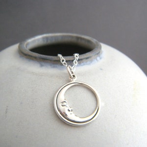 sterling silver crescent moon face necklace moon sliver charm tiny celestial astrology small dainty pendant everyday jewelry 5/8”