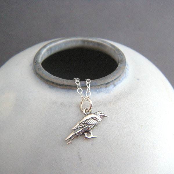tiny sterling silver raven necklace small realistic bird pendant spirit totem dainty delicate petite Halloween symbol animal charm gift 3/8"