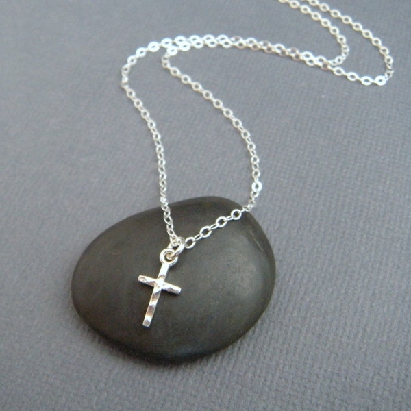 silver cross necklace. TINY. sterling silver pendant. hammered. simple. minimalist. dainty. delicate. ready to ship gift 3/8"