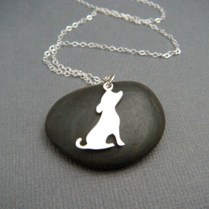 small sterling silver dog silhouette necklace. dainty pet pride pendant. simple canine charm side portrait. gift animal lover jewelry 3/4 image 1