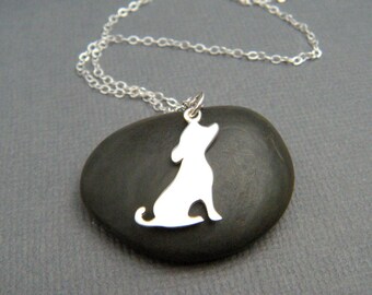 small sterling silver dog silhouette necklace. dainty pet pride pendant. simple canine charm side portrait. gift animal lover jewelry 3/4"