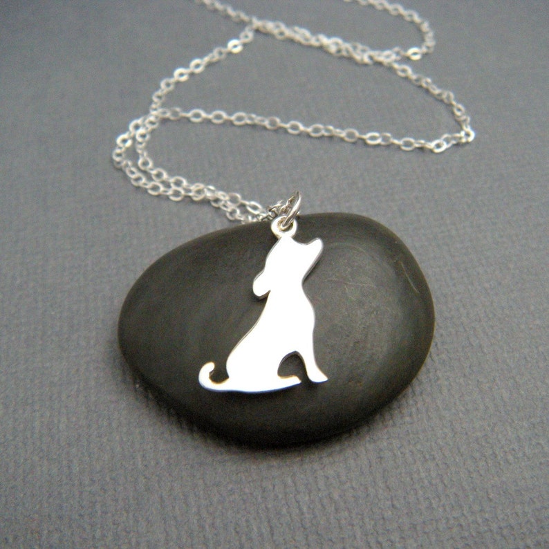 small sterling silver dog silhouette necklace. dainty pet pride pendant. simple canine charm side portrait. gift animal lover jewelry 3/4 image 1