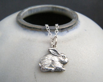 tiny silver rabbit necklace. small sterling bunny pet pride pendant. hare love realistic charm gift animal lover gift simple jewelry 3/8"