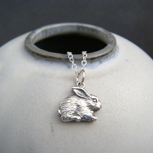 tiny silver rabbit necklace. small sterling bunny pet pride pendant. hare love realistic charm gift animal lover gift simple jewelry 3/8"