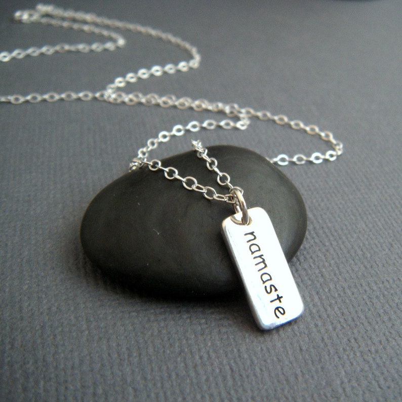 silver namaste necklace zen yoga charm small simple word pendant inspiring quote motto affirmation tiny sterling inspirational jewelry