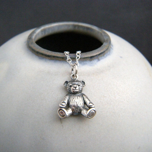 sterling silver teddy bear necklace. toy charm. story teddybear pendant. realistic animal love jewelry unique gift for collector 5/8"