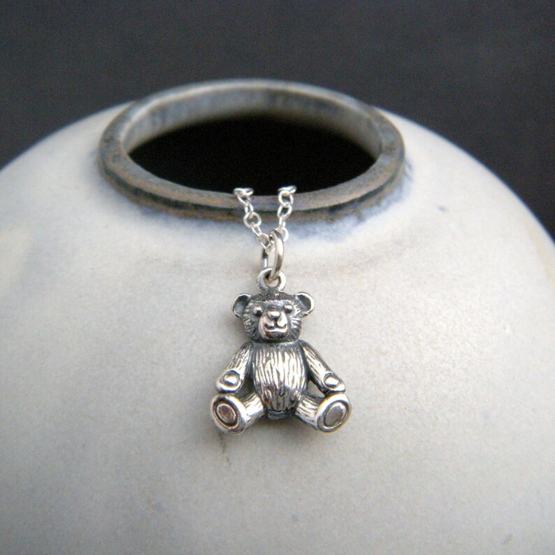 sterling silver teddy bear necklace. toy charm. story teddybear pendant. realistic animal love jewelry unique gift for collector 5/8 image 1