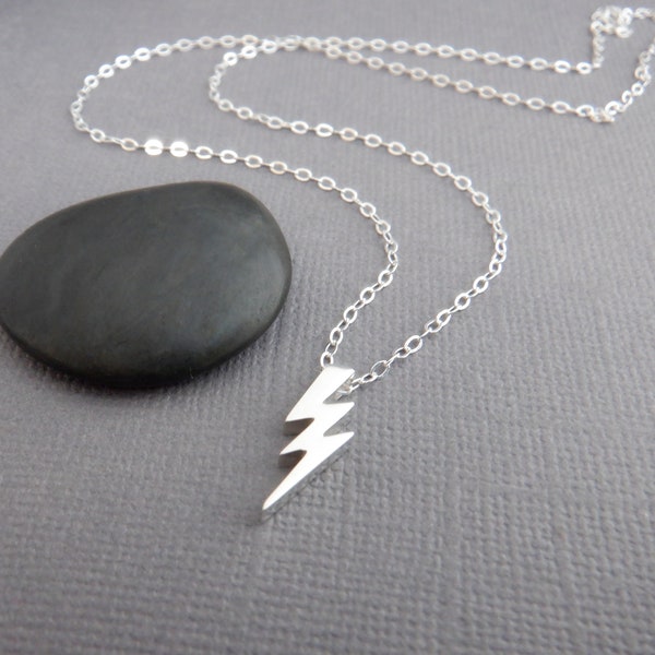 sterling silver lightning bolt necklace electric storm bead weather charm idea strike unique dainty pendant simple fun jewelry gift her 5/8"