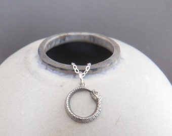 tiny sterling silver ouroboros snake necklace small circle serpent dragon biting tail dainty delicate endless hope jewelry universe 3/8"