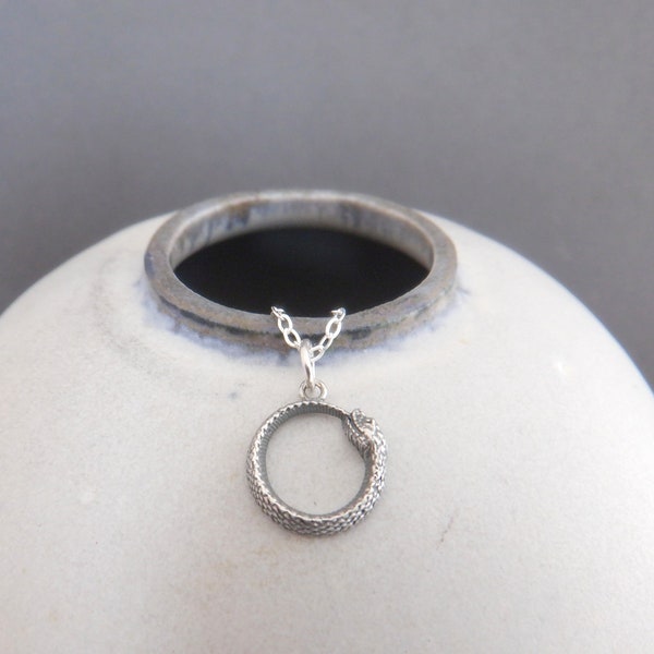 tiny sterling silver ouroboros snake necklace small circle serpent dragon biting tail dainty delicate endless hope jewelry universe 3/8"