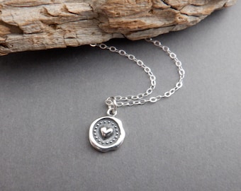 Sterling Silver Heart Necklace - Wax Seal Style Boho Pendant 3/8"