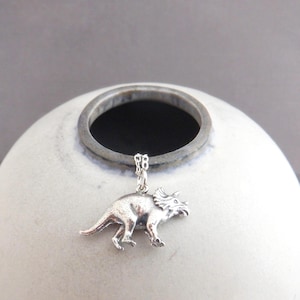 sterling silver triceratops dinosaur necklace. extinct animal charm. prehistoric ancient life. paleontologist gift fossil science pendant 1&quot;