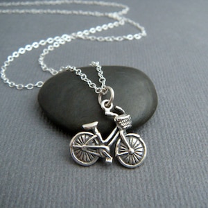 sterling silver bike necklace. simple bicycle pendant. bike basket charm. spokes boho love whimsical fun gift for girls women sports jewelry