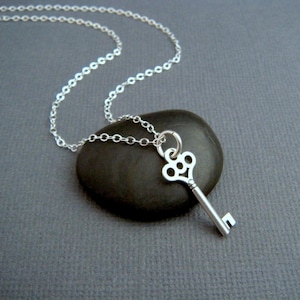 Sterling Silver Key Necklace: Dainty Scroll Skeleton Charm 7/8&quot;