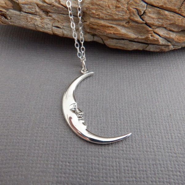 sterling silver smiling crescent moon necklace face sliver charm celestial astrology astronomy small dainty pendant everyday jewelry 1 1/8”