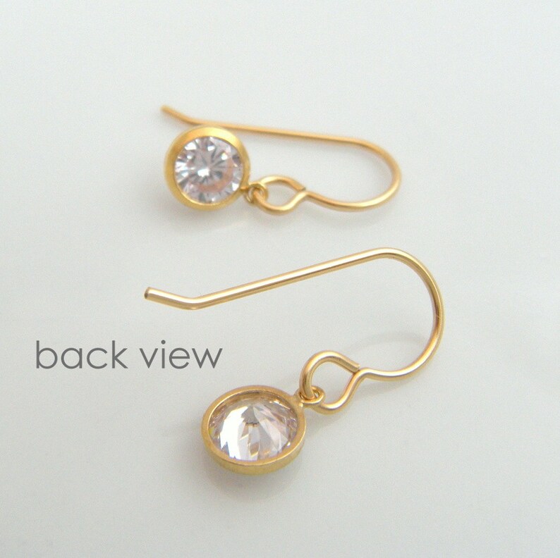 small gold CZ earrings tiny cubic zirconia diamond faux alternative 14k yellow gold filled clear crystals everyday hooks leverback 6 mm