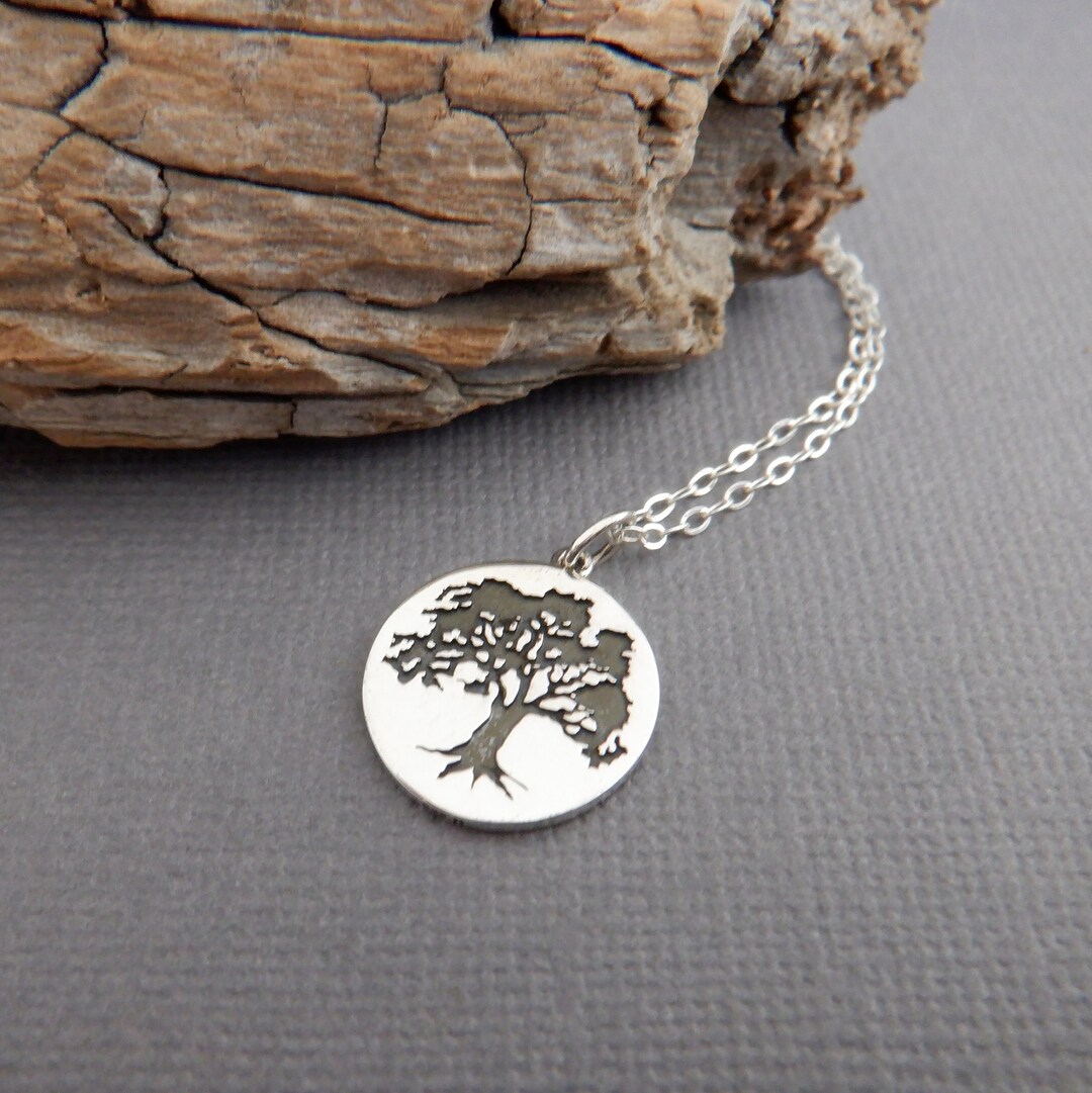 Sterling Silver Oak Tree Necklace Etched Pendant Small Strength