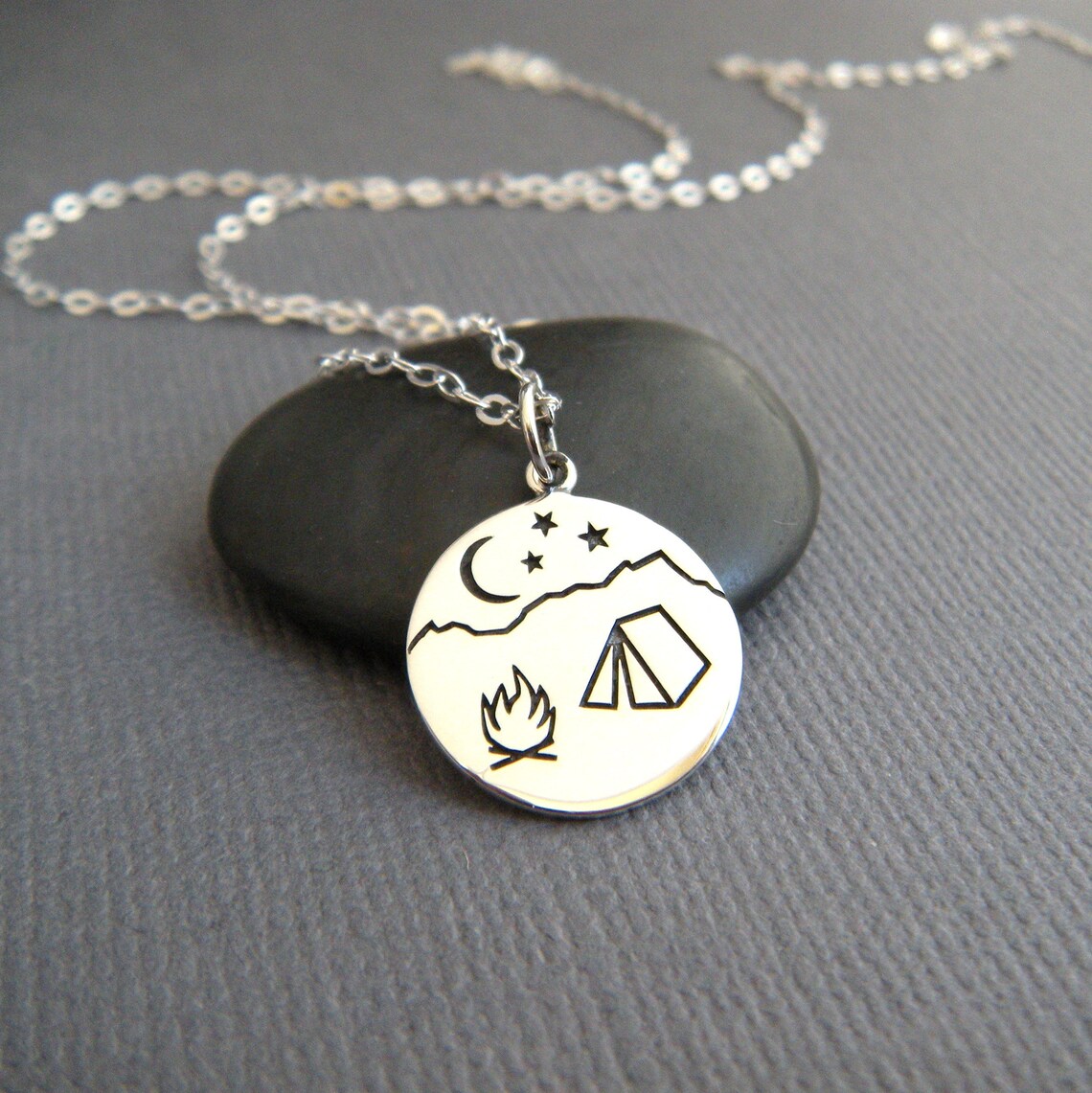 Small sterling silver camping necklace tent campfire moon Etsy