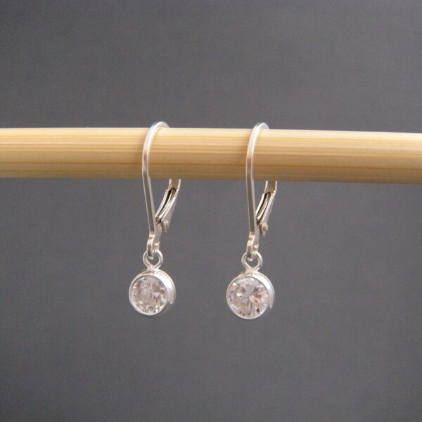 tiny silver dangles. cubic zirconia earrings. leverback. lever backs. crystal. diamond alternative. everyday. sterling simple drops. 5 mm CZ